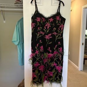 Marchesa notte black pink and green feathered cocktail dress